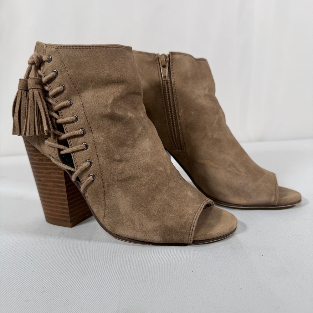 Indigo Brown Peep-Toe Heeled Boots with Tassels, size 6.5